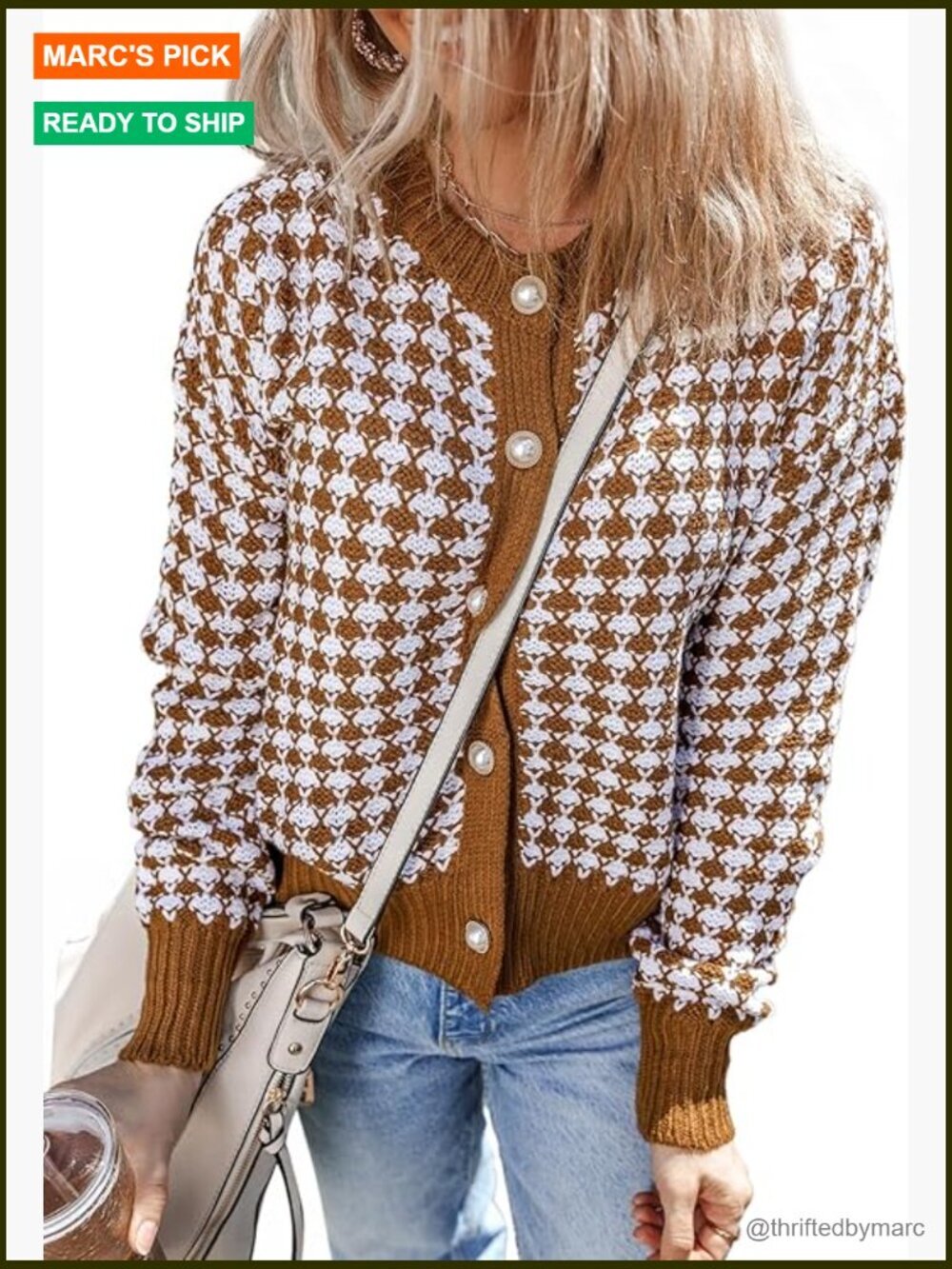 V Neck Button Down Long Sleeve Plaid Knit Cardigan Sweater